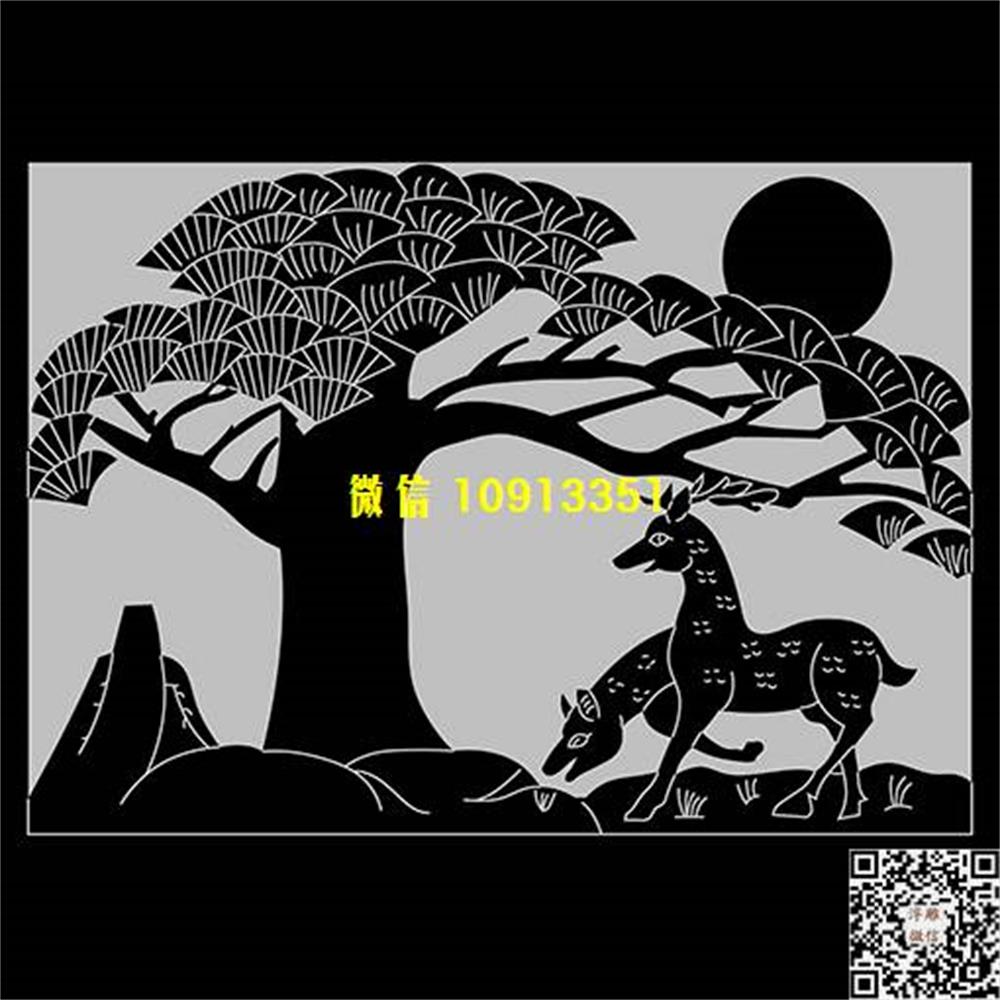 精雕图253鹤鹿栏板精雕图线雕图线条图单线铣底图_电脑雕刻plt文泰矢量图精雕图浮雕图